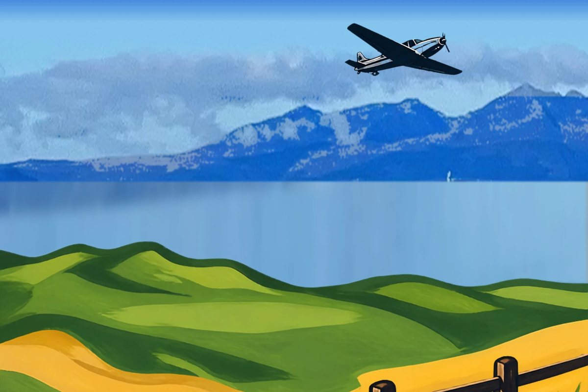 Painting of the Prestwick links with Arran across the Firth and a plane overhead